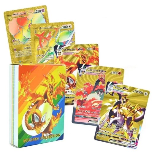 Balíček zlatých Pokémon karet VMax VStar GX Lesklé Pokémon kartičky Sběratelské kartičky Pokémon Sada hracích kartiček, zlatá, 55 ks