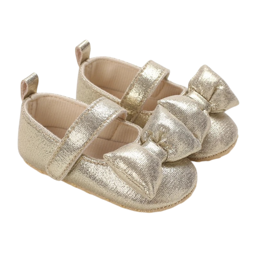 Ballerines pour enfants avec un nœud volumineux Fini métallisé et bande velcro sur le cou-de-pied Semelle souple en cuir PU et coton Dorées Chaussures de fête pour filles