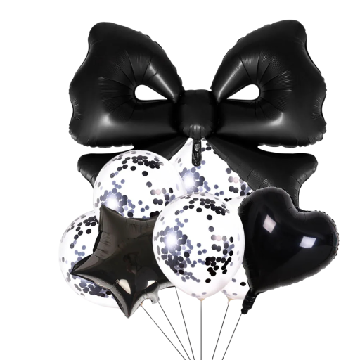 Ballongsats med rosett 8 st 83 × 105 cm dekorativa svarta och transparenta ballonger med konfetti folieballonger födelsedagsdekoration