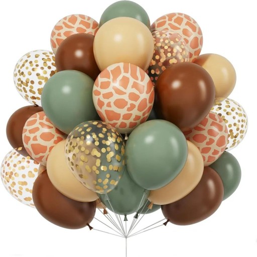 Ballonok szett dekoratív mintákkal 35 db Latex parti ballonok pöttyökkel és állatos mintával Zöld, bézs és barna ballonok ünnepléshez