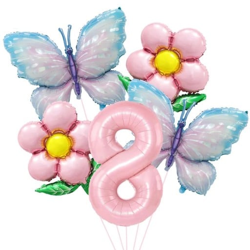 Ballons en aluminium numéro 8 avec des papillons et des fleurs 81,3 cm et 45,7 cm Ballons en aluminium rose bleu décoration d'anniversaire