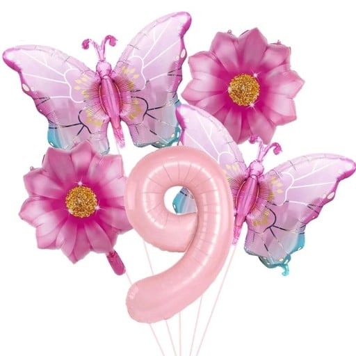 Ballons en aluminium numéro 9 papillons et fleurs ensemble de 5 pièces ballons en aluminium décoration rose décoration d'anniversaire pour fête