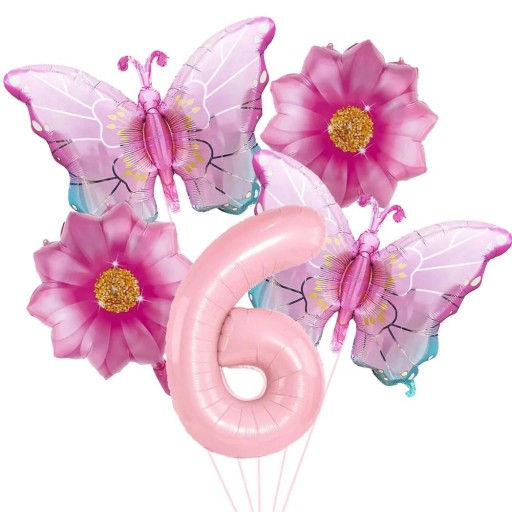 Ballons en feuille numéro 6 papillons et fleurs ensemble de 5 pcs ballons en feuille rose décoration d'anniversaire pour fête d'enfants et décoration de fête