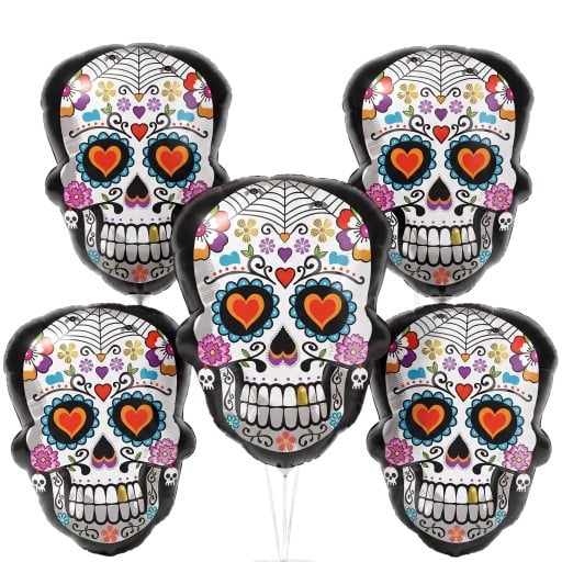 Balonase Inflatable Halloween Skull 5 pcs 67 x 50 cm Mexican Decorated Skull Calavera With Flowers and Hearts White Black and Colorful For Party