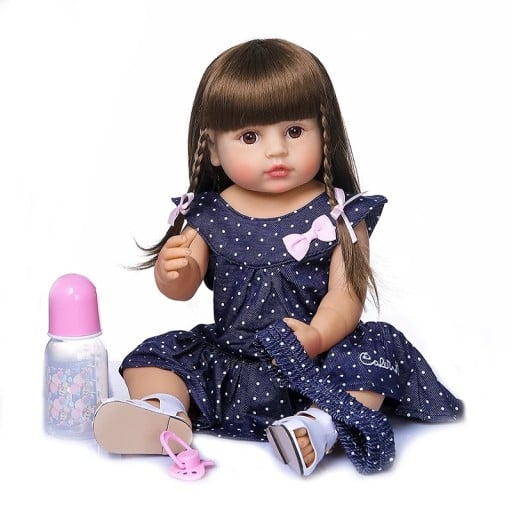 Bambola realistica ragazza 50 cm con lunghi capelli castani in materiale vinilico di alta qualità Abbigliamento ciuccio bottiglia per alimentazione