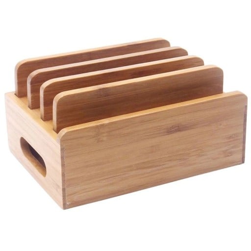 Bamboo Organiser for Charging Station Mobile and Tablet Stand with Compartments Storage Box for Charger or Power Bank Tidy Cables