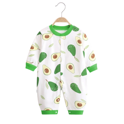 Bambus body med lange ærmer og avocado mønster Hvid baby jumpsuit til nyfødte V-udskæring Trykknap lukning