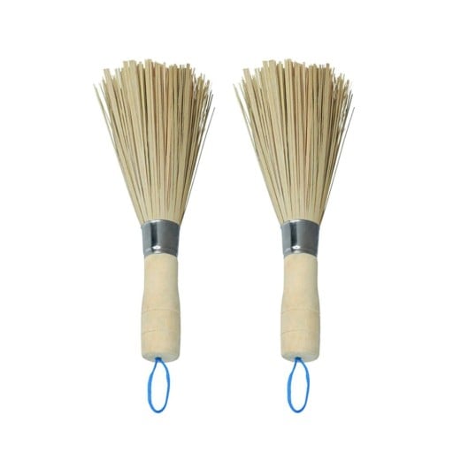 Bambus Bürste zum Geschirr- und Pfannenwaschen 2 Stück Holzgriff mit Aufhänger Bündel von Bambusfasern Länge ca. 25 cm