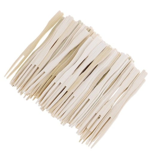 Bambusinas 100 pcs Pequenas garfinhos de duas pontas para entradas e pedaços de fruta Comprimento 9 cm Para festas e receções em casa