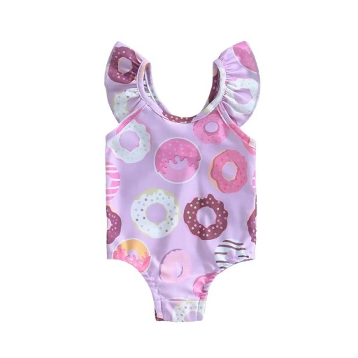 Bañador de una pieza morado para niña con estampado de donuts de colores y mangas con volantes fruncidos y espalda descubierta