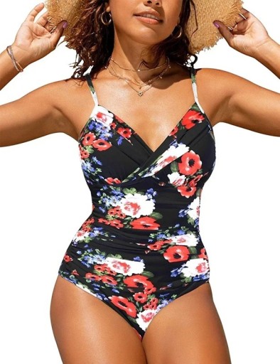 Bañador de una pieza para mujer, color negro con estampado floral rojo y blanco, escote cruzado, efecto moldeador, fruncido, tirantes ajustables.