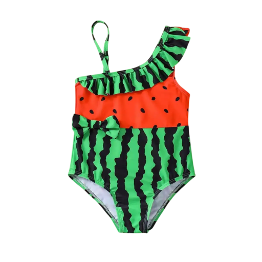 Bañador de una pieza para niña con estampado de sandía y volantes sobre un hombro con lazo cosido y tirante delgado ajustable