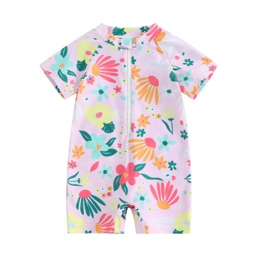 Bañador de una pieza rosa para niñas pequeñas con mangas cortas y estampado floral colorido con cremallera y cuello alto