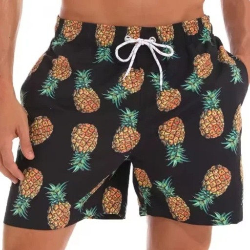 Bañadores cortos para hombre con cordón negros con estampado de piña de poliéster de secado rápido para el verano en la playa o piscina