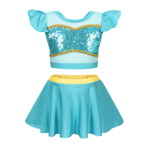 Bañadores de dos piezas brillantes para niña en azul con top de lentejuelas y mangas de volantes y falda amplia con cintura amarilla