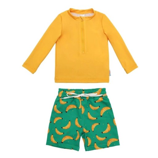 Bañadores de dos piezas para niño, camiseta de manga larga con cremallera corta en el cuello y pantalones cortos por encima de la rodilla con goma y cordón ajustable