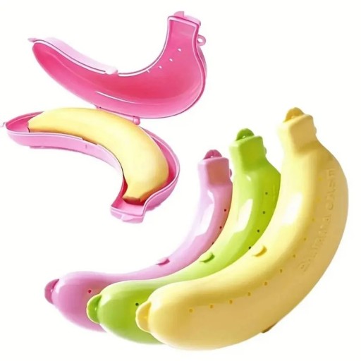 Bananformad reseask av plast i rosa, grönt eller gult för transport och konservering av frukt