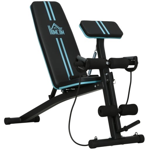 Banco de pesas plegable con respaldo ajustable de 7 posiciones y soporte para bíceps Dimensiones 160 x 54 x 106 cm Acero Capacidad 120 kg Negro-turquesa Para hacer ejercicio en casa