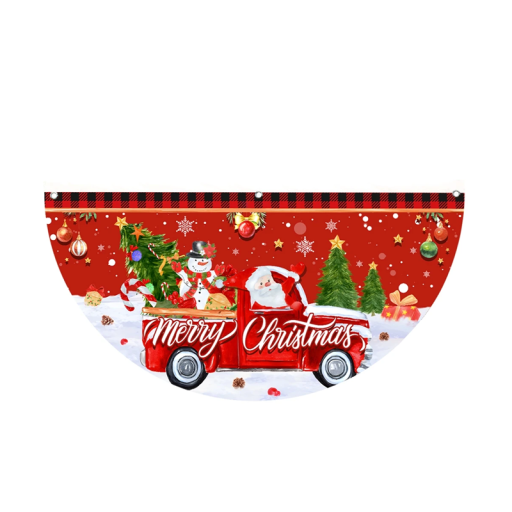 Banner de Crăciun în formă de semicerc 90 x 45 cm Motiv roșu cu Moș Crăciun și om de zăpadă în mașină Decorațiune exterioară suspendată pentru casă și terasă