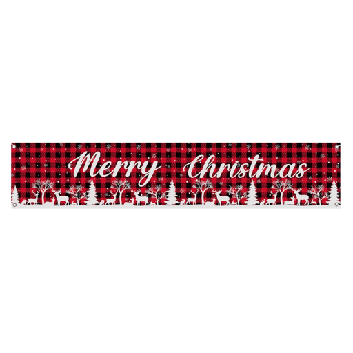 Banner de Crăciun pentru exterior 200 x 40 cm Cu model în carouri roșu-negru cu reni și copaci Decorare rezistentă cu inscripția Merry Christmas pentru fațada și grădina