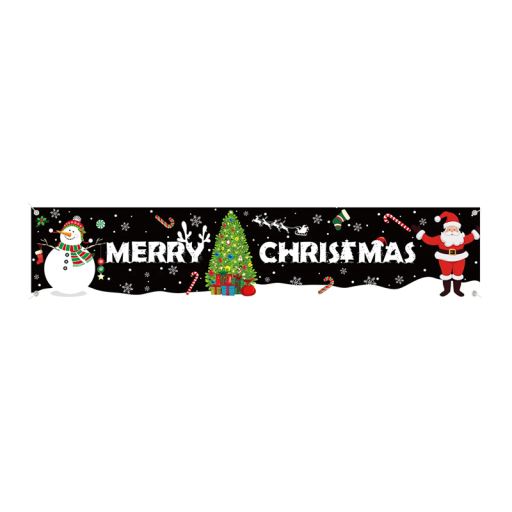 Banner de Crăciun pentru exterior 200 x 40 cm Draperie din poliester negru cu Moș Crăciun, om de zăpadă și brad cu inscripția albă Merry Christmas