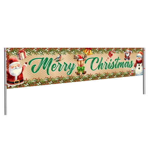 Banner de Crăciun pentru exterior 200 x 40 cm Maro cu motivul lui Moș Crăciun, renului și omului de zăpadă cu inscripția Crăciun Fericit Decorare pentru casă și grădină