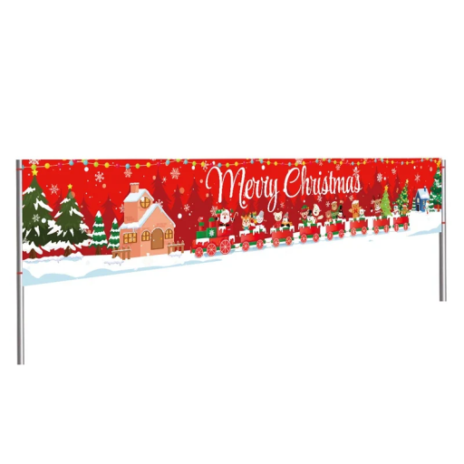 Banner de Crăciun pentru exterior 200 x 40 cm Roșu cu trenuleț Decoratiune rezistentă pentru gard sau perete Decorațiune festivă pentru casă și grădină
