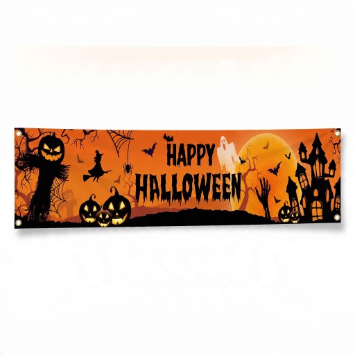 Bannière d'Halloween Happy Halloween Avec œillets en métal 200 x 40 cm Polyester Orange-noir Décoration pour clôture et véranda Panneau de fête
