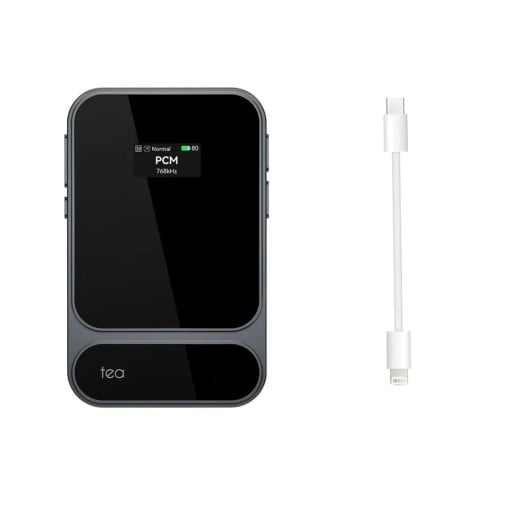 Bärbar hörlursförstärkare med Bluetooth och USB DAC 32 bit och 384 kHz PCM samt DSD 256 batteri 1160 mAh grå med Lightning till C-kabel