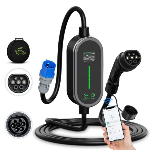 Bärbar laddare för elbil 7,2 kW 32A 1-fas Type 2 IEC 62196-2 WiFi Bluetooth app 3,5 m kabel för hemmaladdning