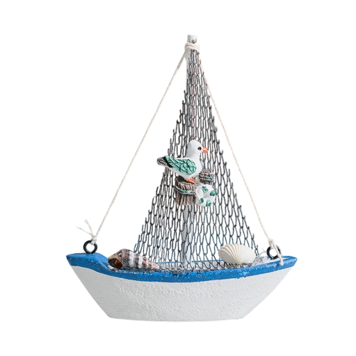 Barca decorativa in legno con rete e uccello 11x3x13 cm legno blu bianco decorazione marittima per interni e accessori per la casa