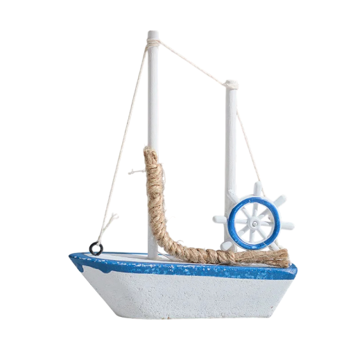 Bărcuță decorativă din lemn cu frânghie și timonă 11x3x13,5 cm lemn albastru alb decor naval pentru interior