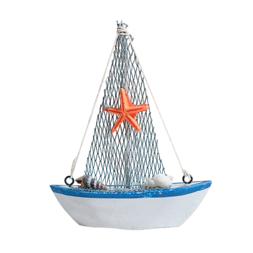 Bărcuță decorativă din lemn cu stea de mare 11x3x13 cm lemn albastru alb decorare marină pentru interior și accesorii de apartament