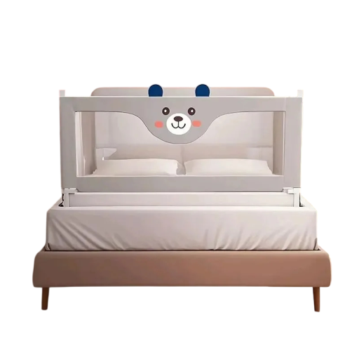 Bariera do łóżka dziecięcego 1,8 m z obrazkiem misia i uszami do łączenia kilku sztuk ze sobą jasnoszara ochrona przed upadkiem z łóżka