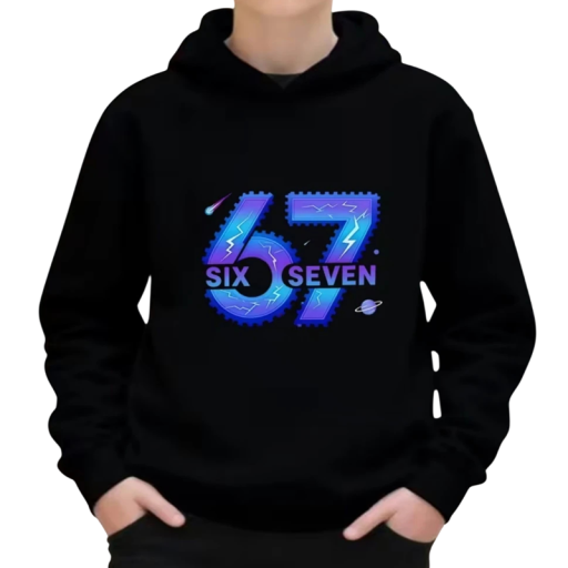 Barn svart hoodie med färggrafik 67 six seven över huvudet med lång ärm för pojkar
