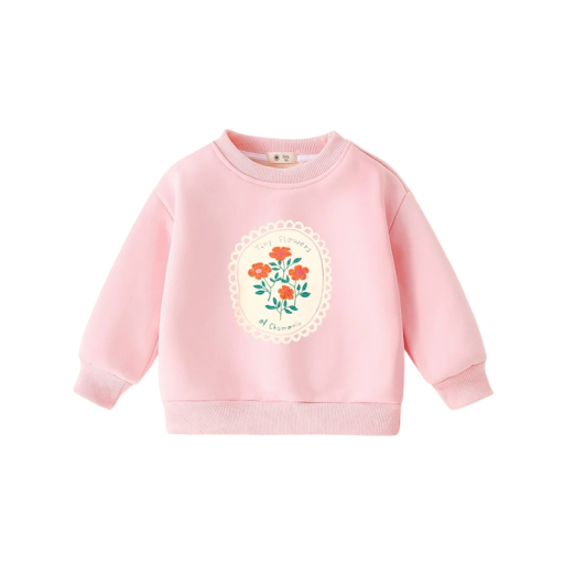 Barn tjej rosa tröja med blommönster och rund halsringning över huvudet med långa ärmar och ribbade muddar för tjejer