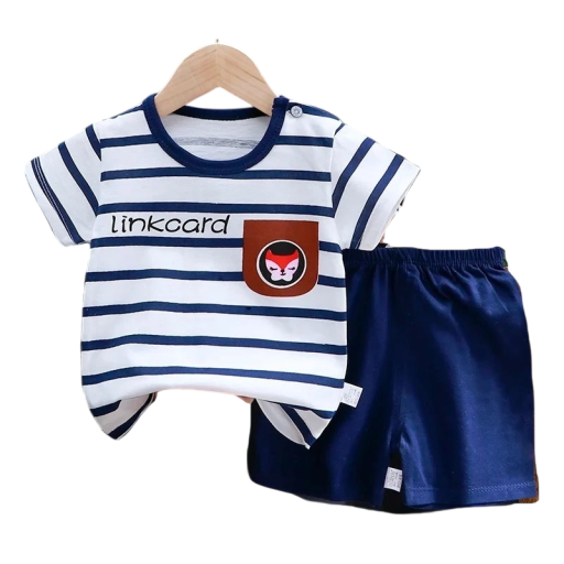 Barnens sommarset unisex Bomullsrandig t-shirt med kort ärm Tryck av räv Blå shorts Bekväma kläder för barn