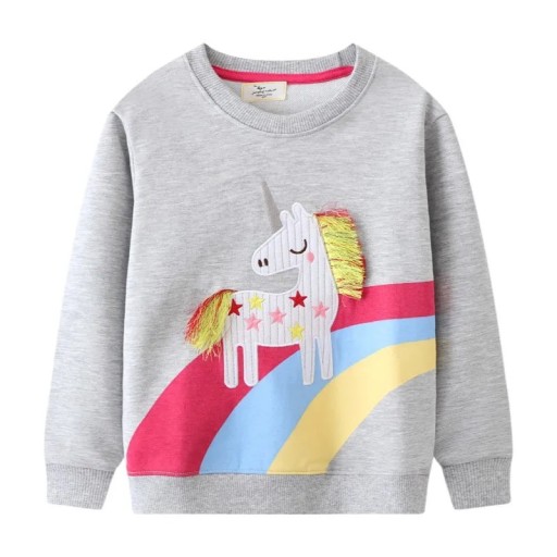 Barnflicka hoodie med applikation av en enhörning och regnbåge och rund halsringning över huvudet med långa ärmar