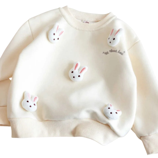 Barns flicka beige hoodie med 3D plyschkaniner och rund halsringning