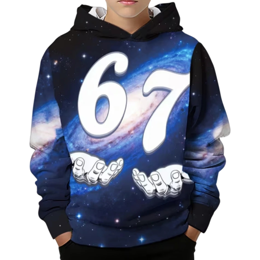 Barns mörkblå hoodie med rymdtryck 67 över huvudet med långa ärmar för killar