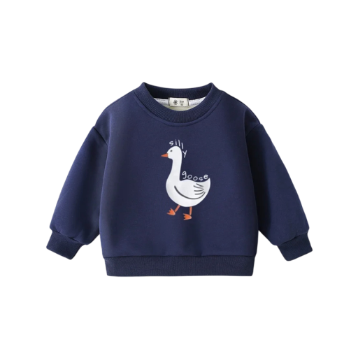 Barns mörkblå sweatshirt med tryck av gås och rund halsringning över huvudet med långa ärmar och ribbade muddar för pojkar och flickor