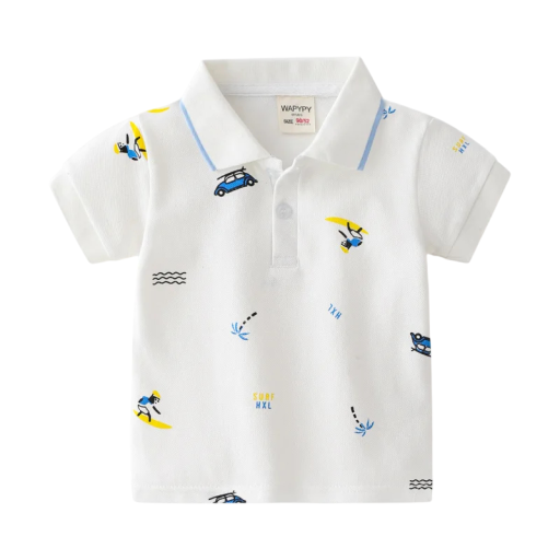 Barns pojkpoloshirt med krage och strandmotiv Kort ärm Vit bomullströja med knappar till mitten Sommar stiligt klädesplagg