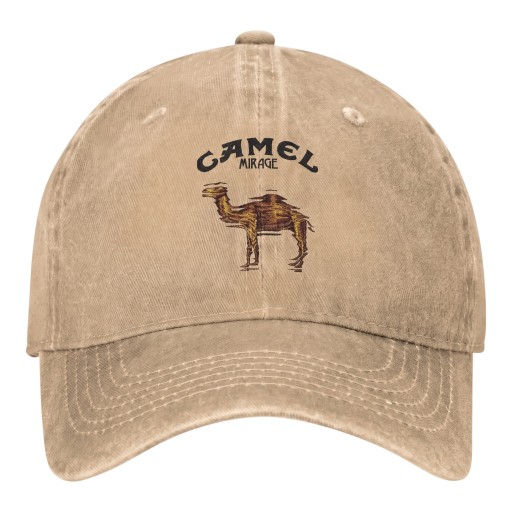 Baseballcap met bedrukking van een kameel en de tekst Camel Mirage met een versleten vintage uitstraling verstelbaar unisex