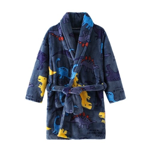 Bata de baño de peluche para niños unisex con cordón Bata de baño infantil azul oscuro con dinosaurios de algodón y poliéster