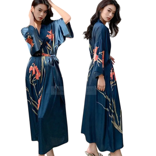 Bata de mujer talla universal color azul motivo floral bata ligera y elegante de seda artificial con cinturón en la cintura poliéster comodidad en casa