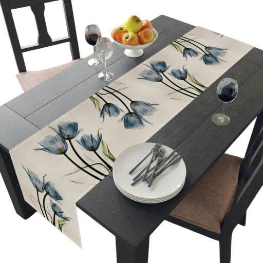 Bătătură din in pentru masă cu motiv de lalele stil rustic fermier 33 × 183 cm decorare din in pentru masa de bucătărie