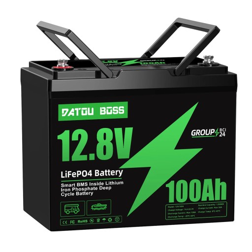 Batteri DATOU BOSS 12,8 V 100 Ah LiFePO4 akkumulator 1280 Wh DT-100AH-12V-C Smart BMS 100 A 25,8 x 16,7 x 21,5 cm sort til campingvogne og både