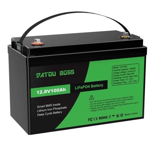 Batterij DATOU BOSS 12,8 V 100 Ah LiFePO4 accu 1280 Wh DT-100Ah Smart BMS M8 polen 33 x 17 x 21 cm zwart voor zonnestelsels en campers