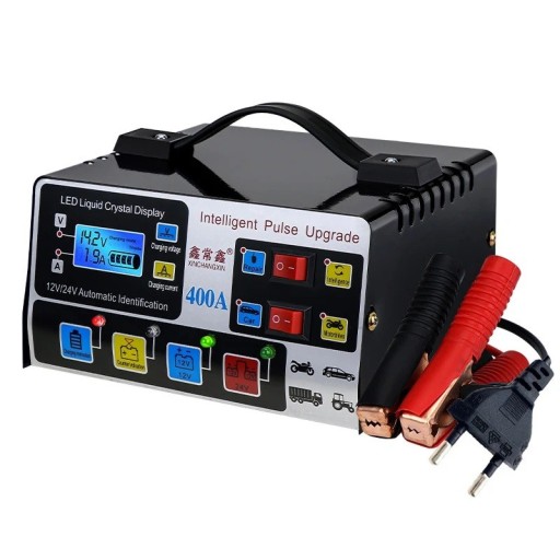Batterilader 12 V/24 V 400 A Intelligent pulserende reparationslader med LCD-display Beskyttelse Overbelastning EU-stik