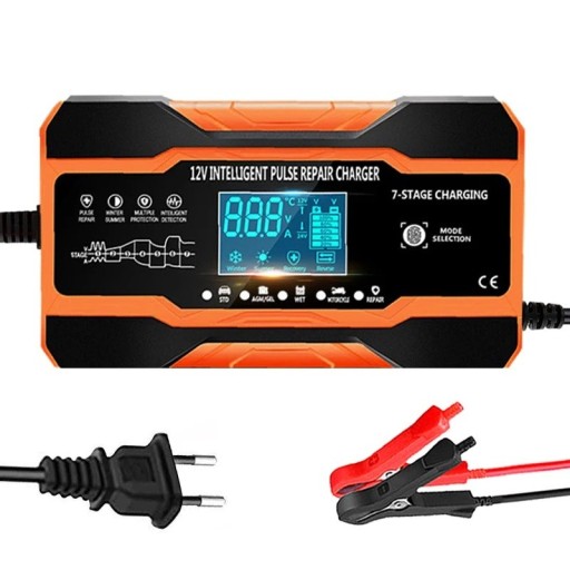 Batterioplader 12 V 12 A Intelligent pulserende reparationsoplader med LCD-display til bly, AGM og GEL batterier EU stik